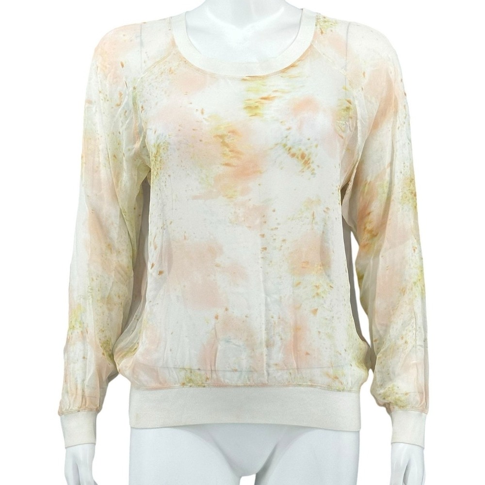 Club Monaco Top Womens Medium Ivory Peach Sheer Lightweight 100% Silk Watercolor
